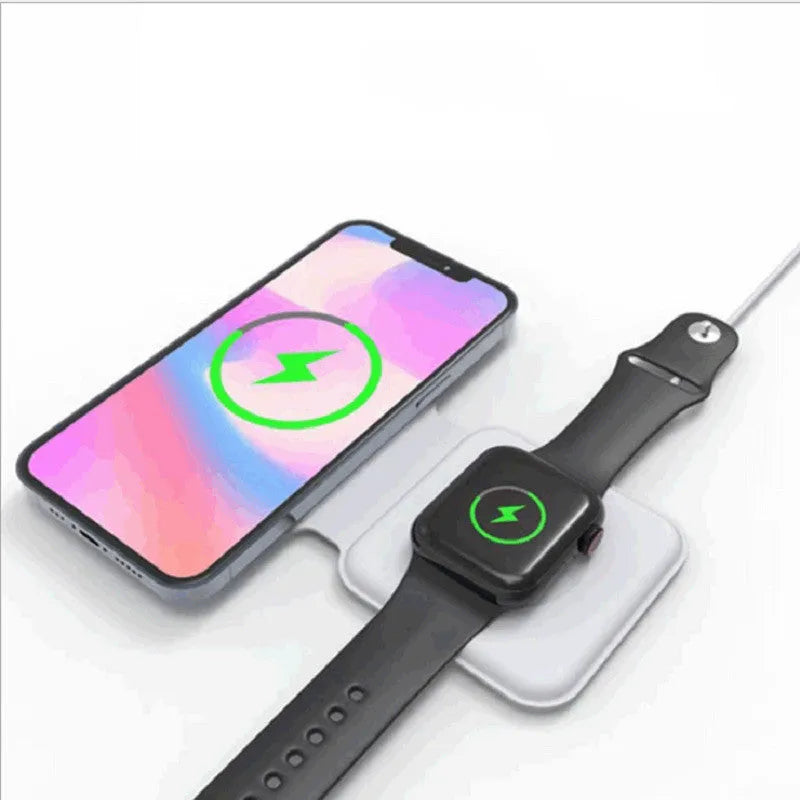 White foldable magnetic wireless charging dock shown open with two phones charging.