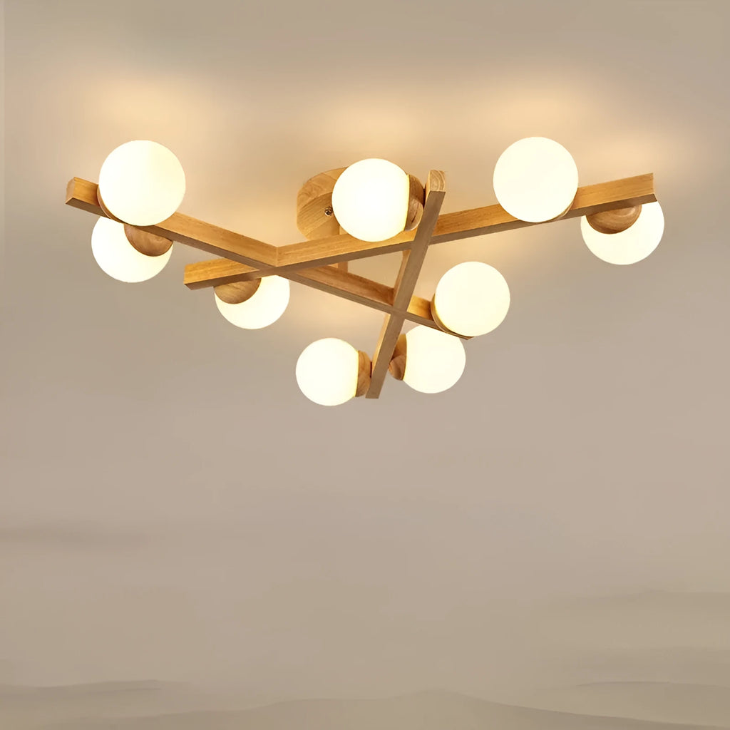 Wooden style modern Nordic ceiling light fixture with three neutral light heads