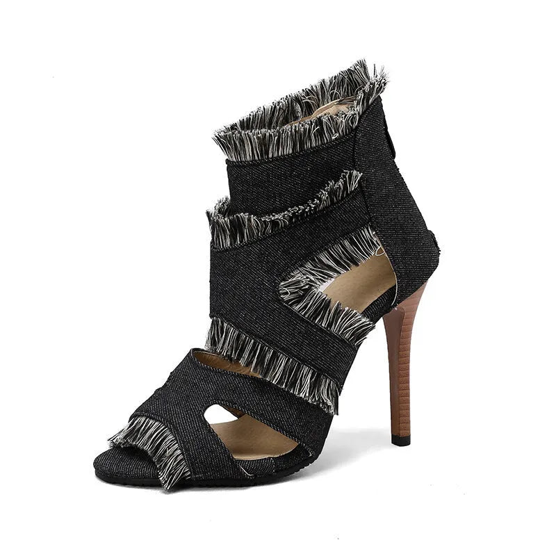 Women's denim high heel sandals in plaid and leopard print patterns available in EU sizes 32 to 50