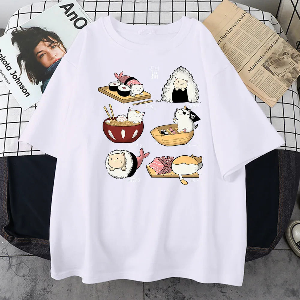 Men's cartoon sushi cat print cotton short sleeve t-shirt in loose fit