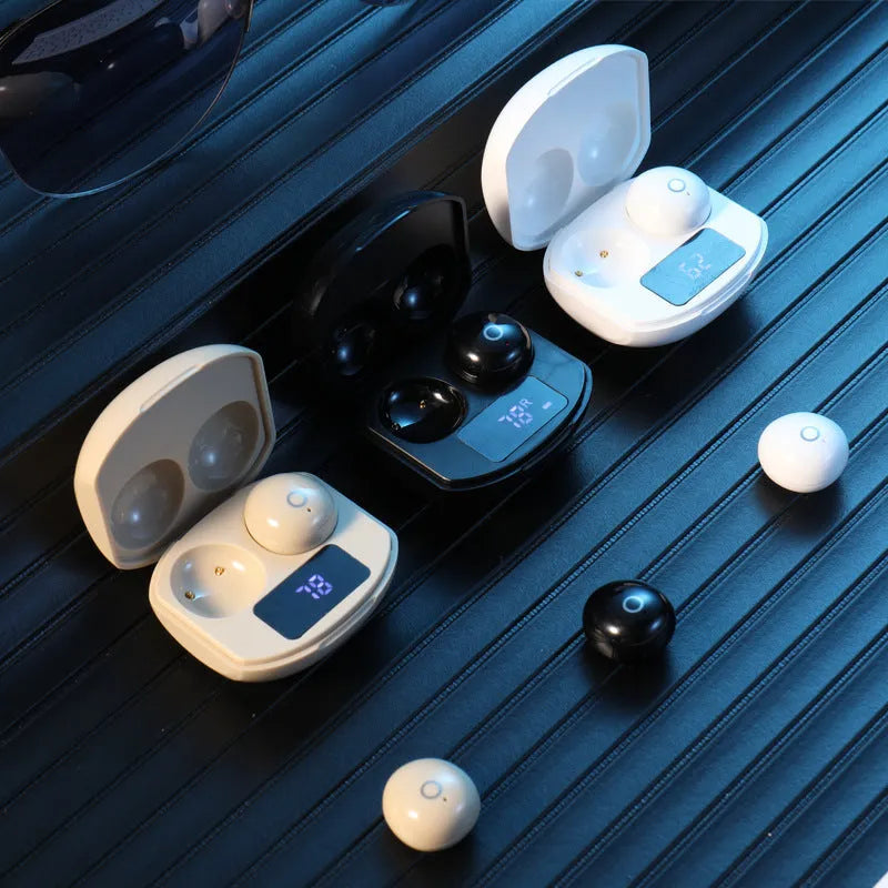 Wireless Bluetooth earbuds in semi-in-ear style available in black white and skin colours with charging case