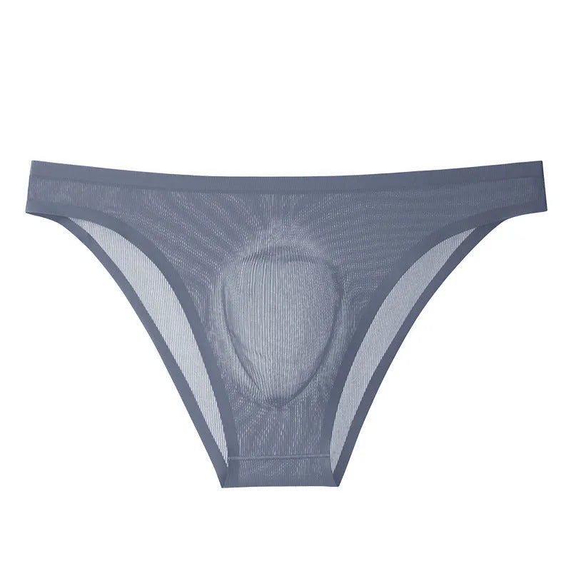 Men's low-waist ice silk seamless briefs in black stripe pattern showing ultra-thin translucent fabric