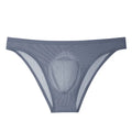 Men's low-waist ice silk seamless briefs in black stripe pattern showing ultra-thin translucent fabric