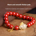 Purple gold sand cinnabar bracelet with a jade hare charm, shown in 6mm and 8mm bead sizes.
