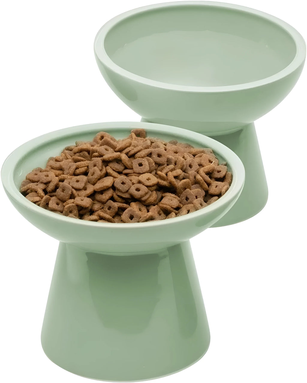Extra wide ceramic elevated cat food bowl set in blue colour with shallow design
