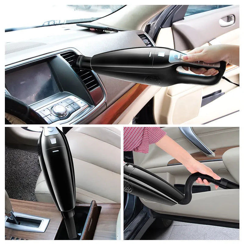 Black and orange high-power 12V car vacuum cleaner with compact design.