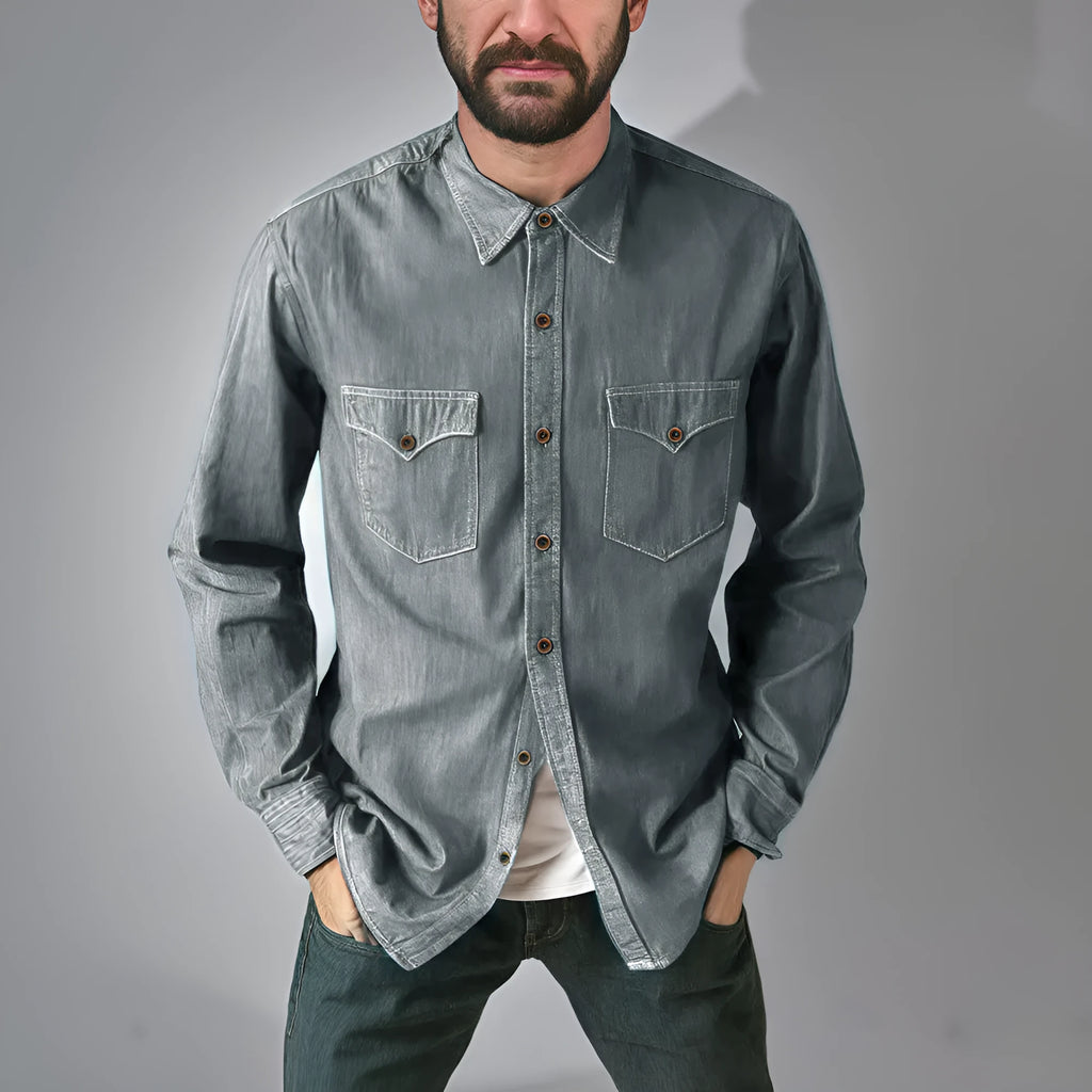 A regular fit denim cardigan coat available in khaki, black, blue, and grey colours.