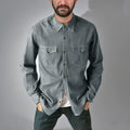 A regular fit denim cardigan coat available in khaki, black, blue, and grey colours.