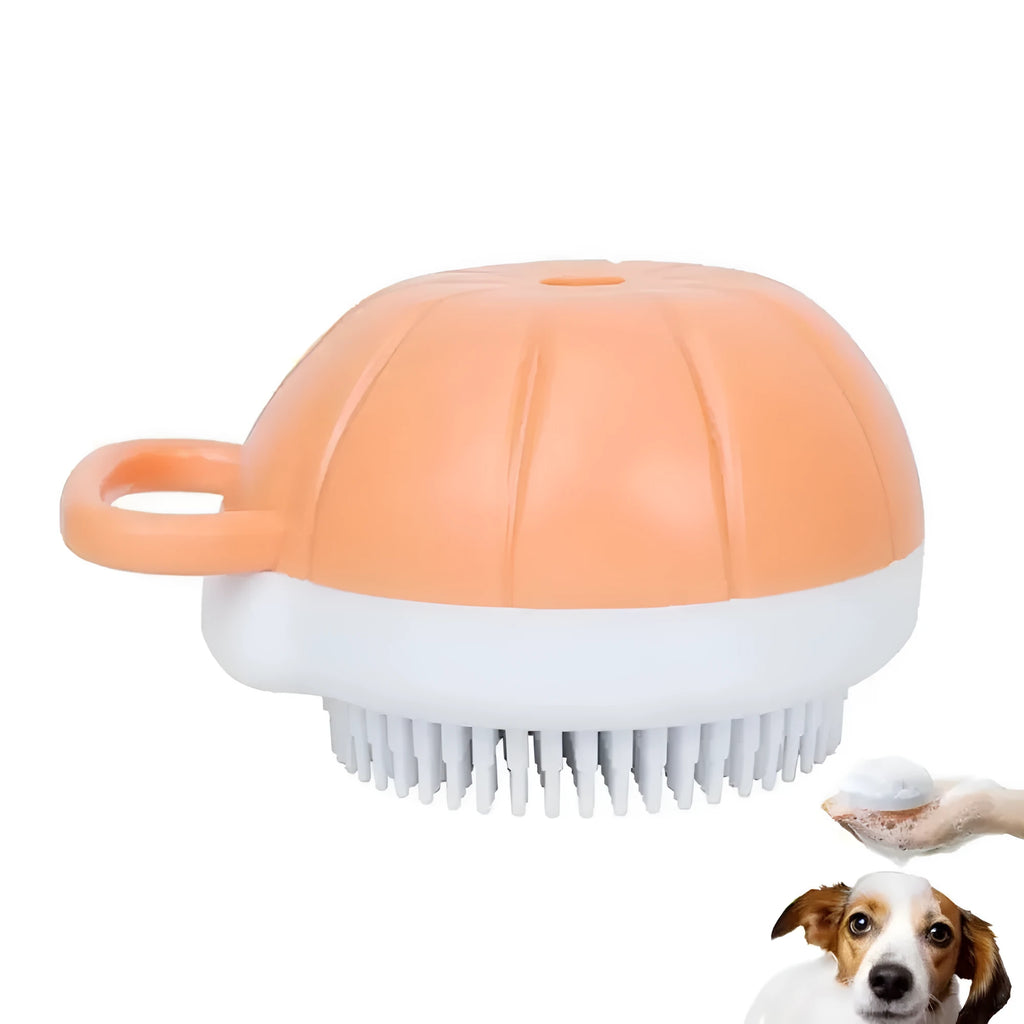 Orange silicone dog bath brush with shampoo dispenser and massage bristles for pet grooming