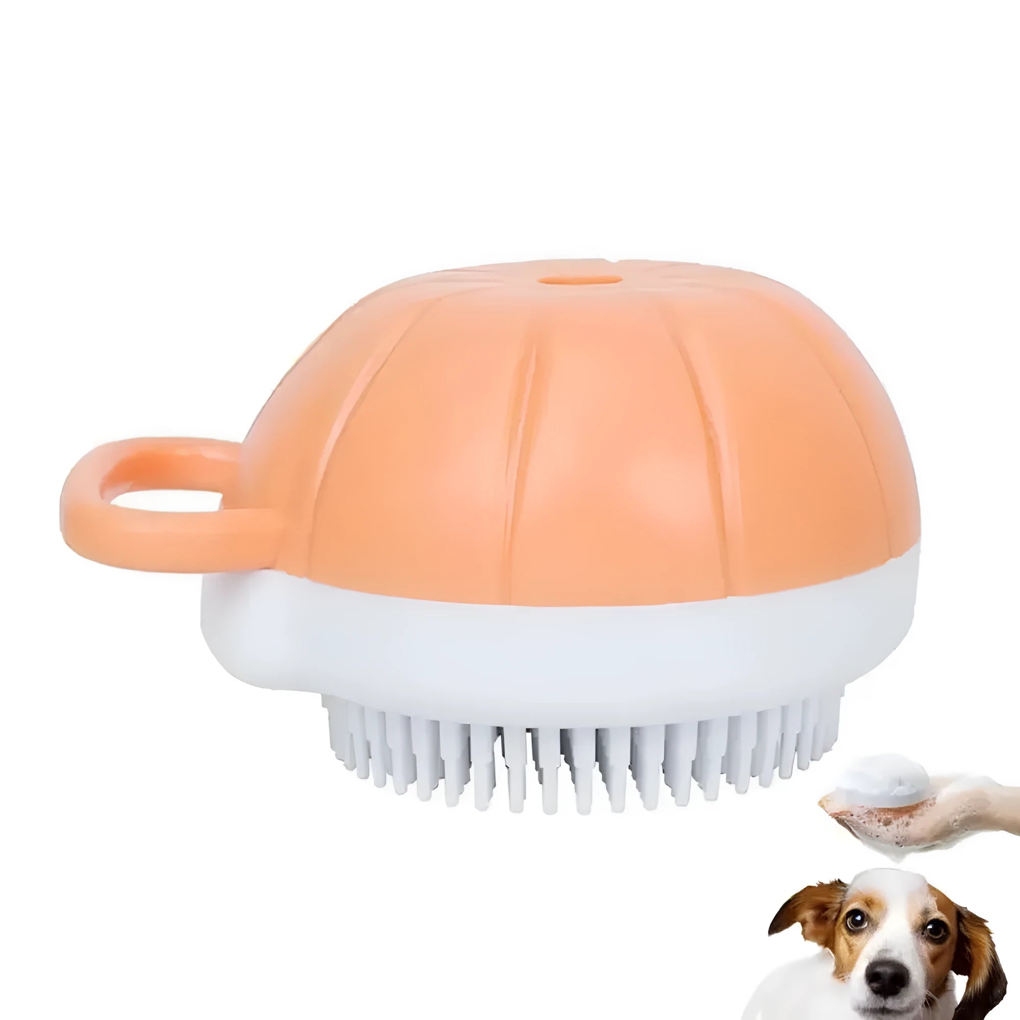 Orange silicone dog bath brush with shampoo dispenser and massage bristles for pet grooming