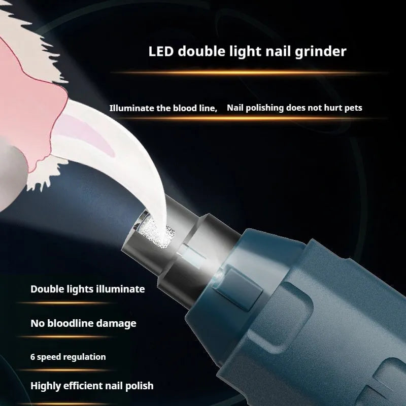 Dark blue USB rechargeable pet nail grinder with LED light and rotary speed control knob.