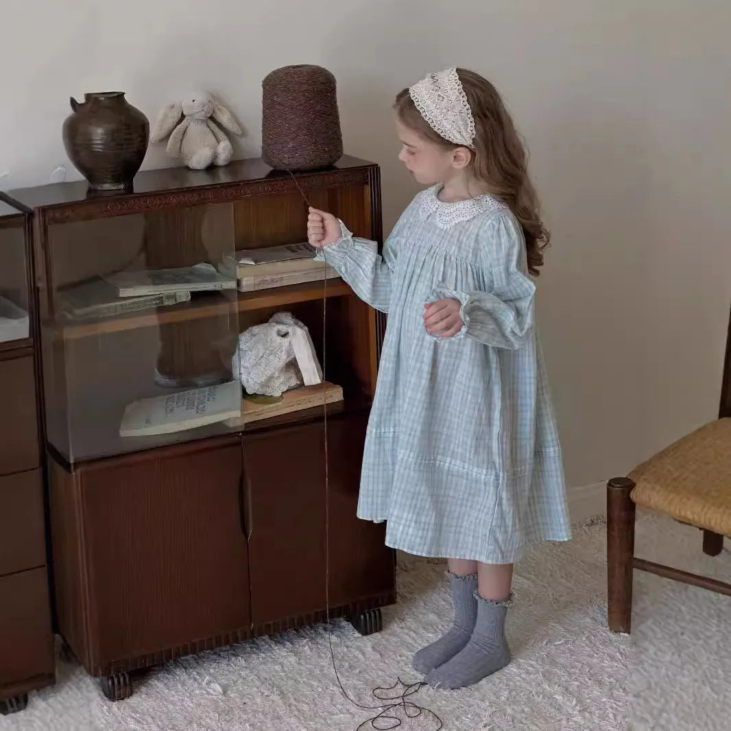 Girls light blue plaid cotton dress with lace detail available in sizes 90cm to 140cm