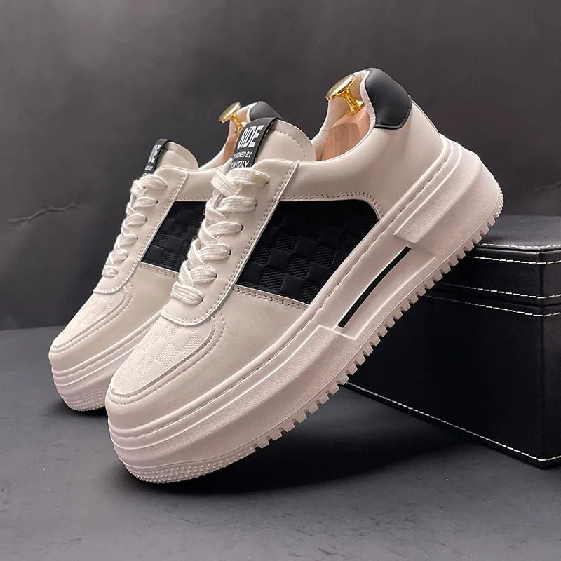 White casual sports shoes with green accents, cloth upper and rubber foam sole, optional 1.2cm height increase