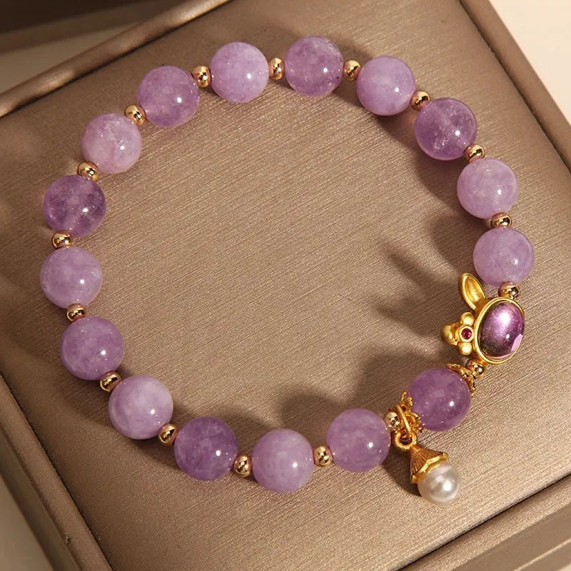 Mauve jade crystal rabbit bracelet with hare head charm in Mori style