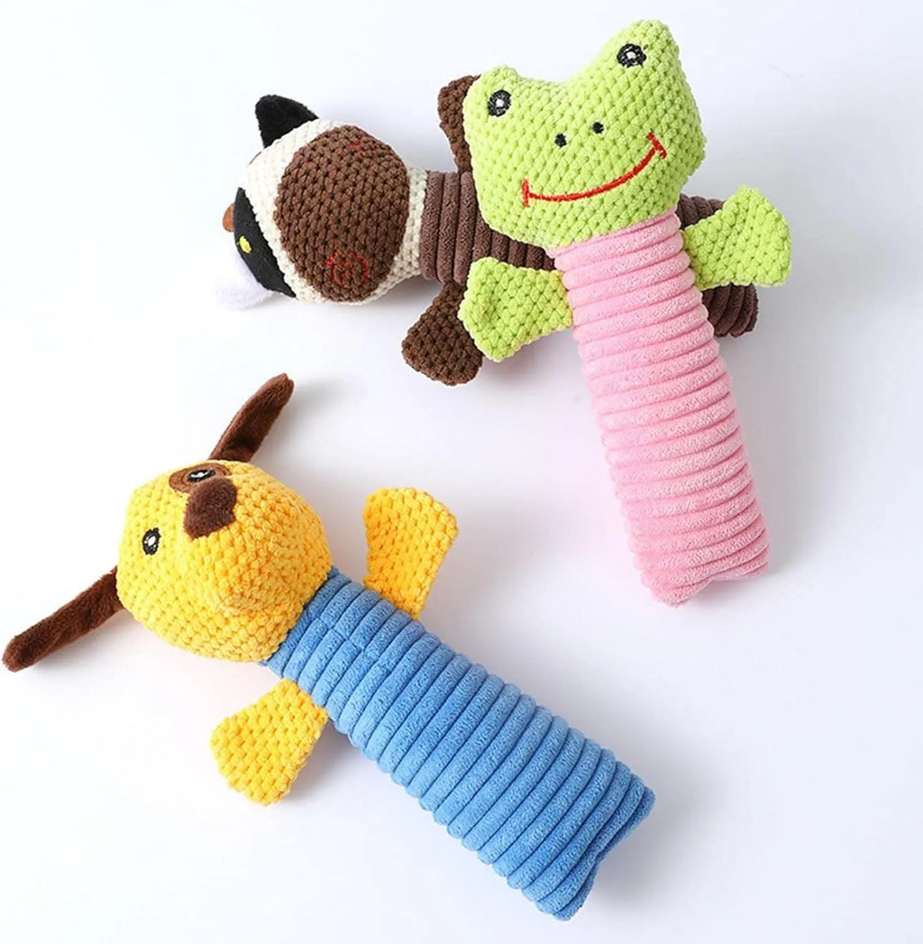Soft cloth dog squeaky chew toy measuring 19cm by 5cm in stuffed animal shape