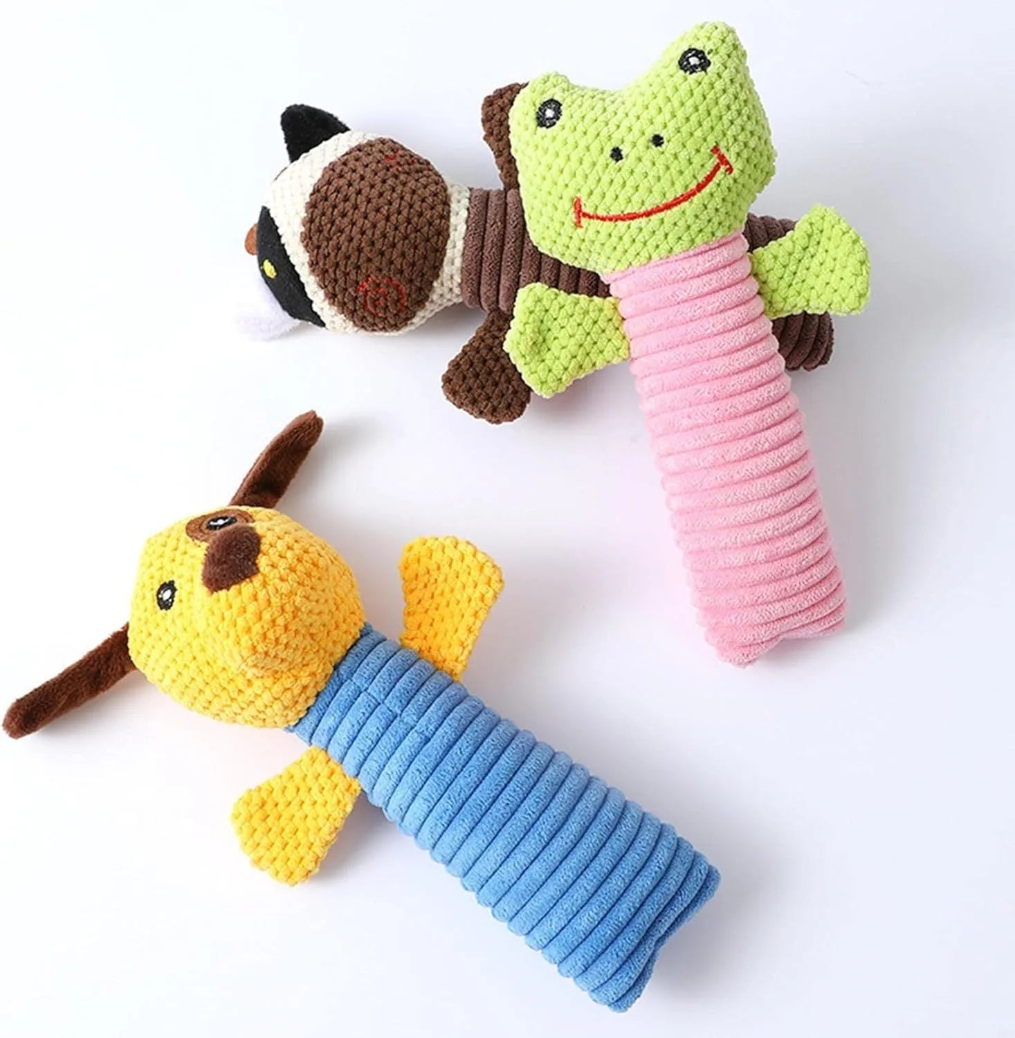 Soft cloth dog squeaky chew toy measuring 19cm by 5cm in stuffed animal shape