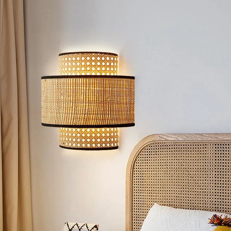 Retro rattan wall bedside lamp, 25cm diameter and 24cm height, LED 3000K, concealed wall installation