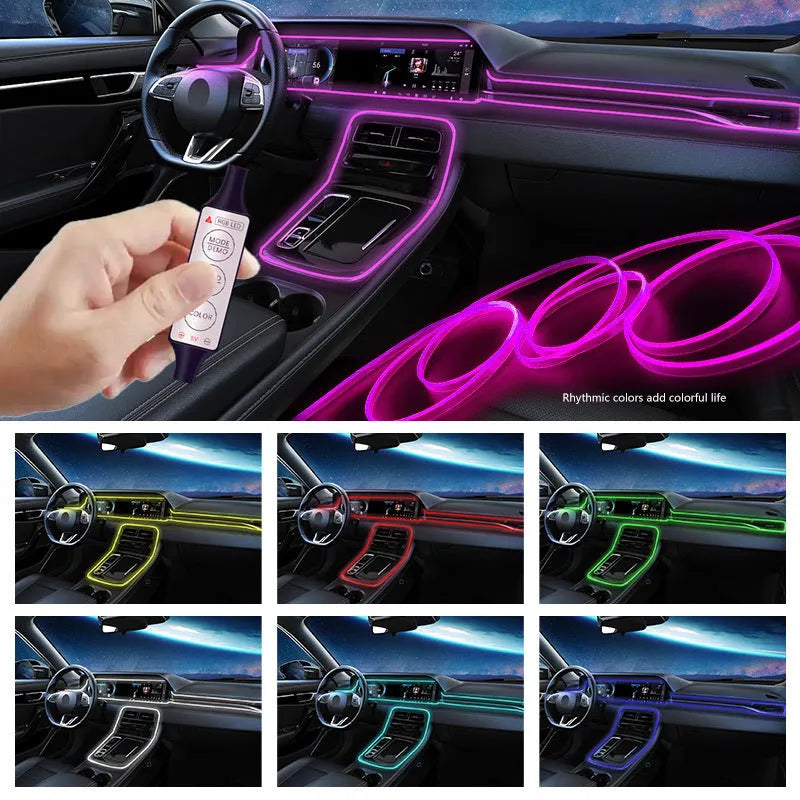 USB-powered RGB LED light strip for car interior with wireless remote control.