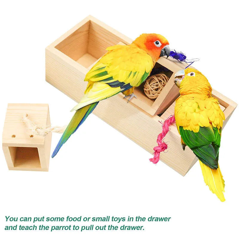 Wooden parrot puzzle toy pieces for bird foraging and training enrichment.