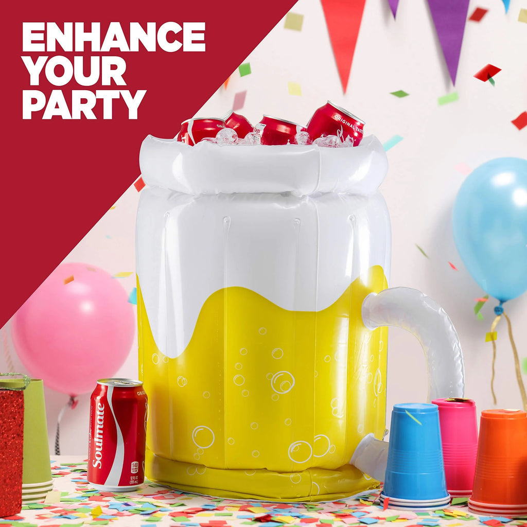 Yellow inflatable beer mug pool float cooler with 44cm height and 32cm diameter