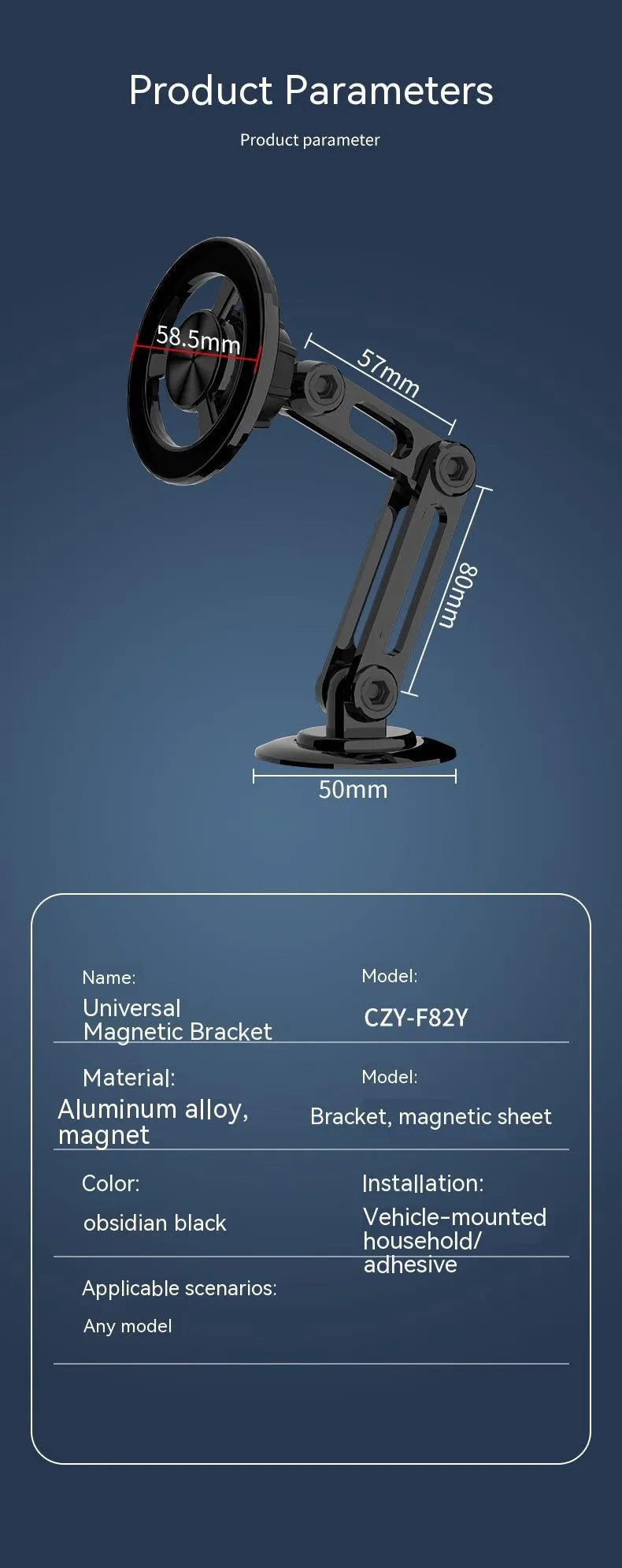 All-metal magnetic car phone holder in black, shown with magnetic rings and adhesive pads.