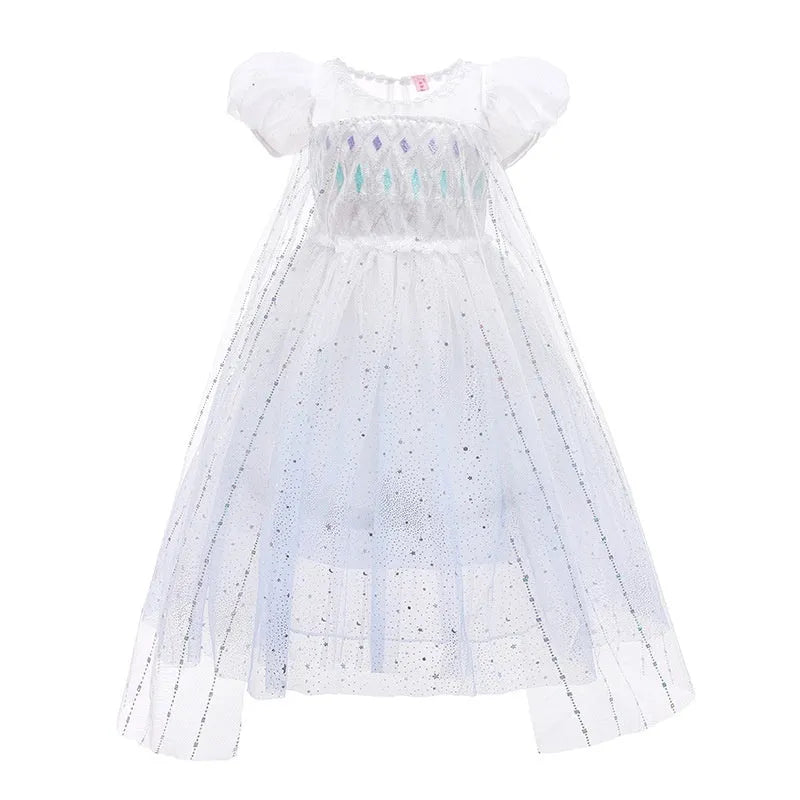 Girls Princess Elsa dress in cotton with short sleeves and A-line skirt, available in gradient blue and silver cloak colour options
