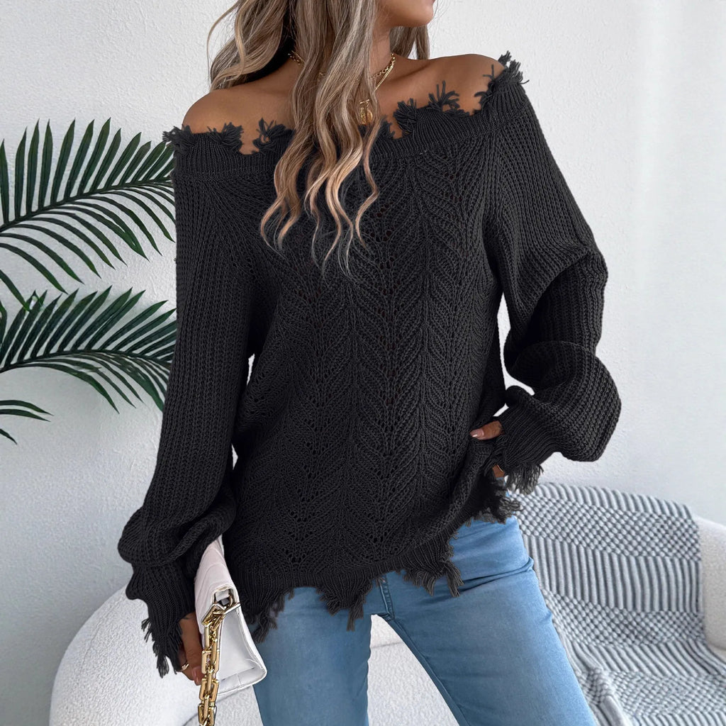 White women's hollow-out off-the-shoulder long sleeve acrylic wool pullover sweater