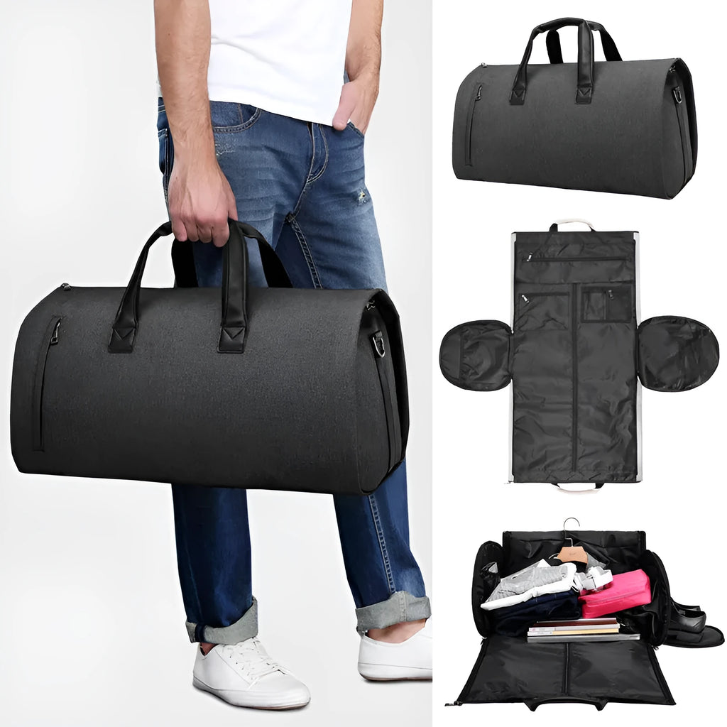 Oval-shaped travel bag in Oxford cloth with shoulder strap and internal organisational compartments