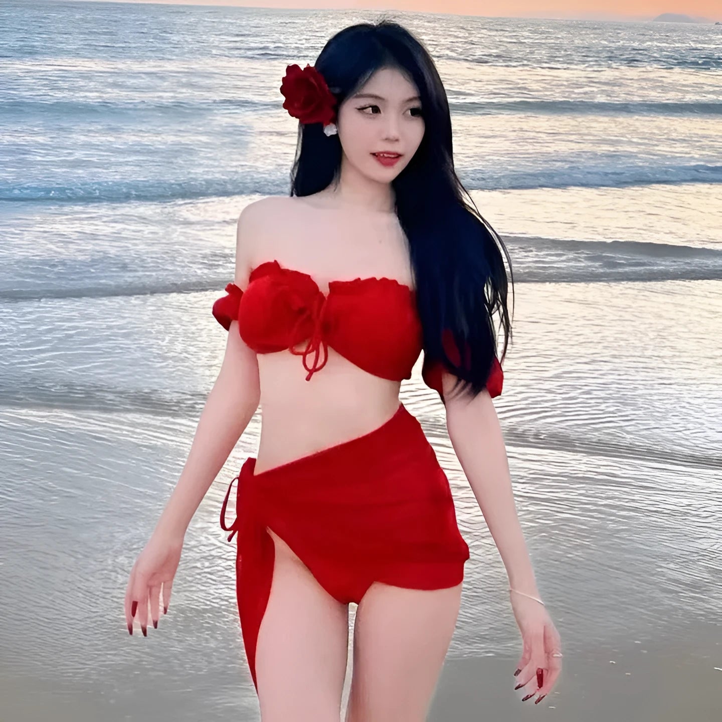 Red women's bikini swimsuit with puff sleeve skirt design and briefs-style bottom