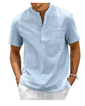 Men's solid colour loose-fit polo shirt with stand collar and short sleeves.