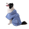 Blue adjustable dog bath robe towel wrapped around a dog, showing the waistband fastener and absorbent fabric.