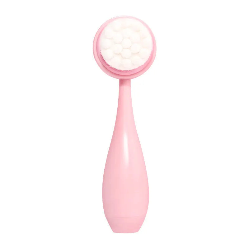 Purple gradient facial brush and matching coral fleece absorbent hair band set on a white background.