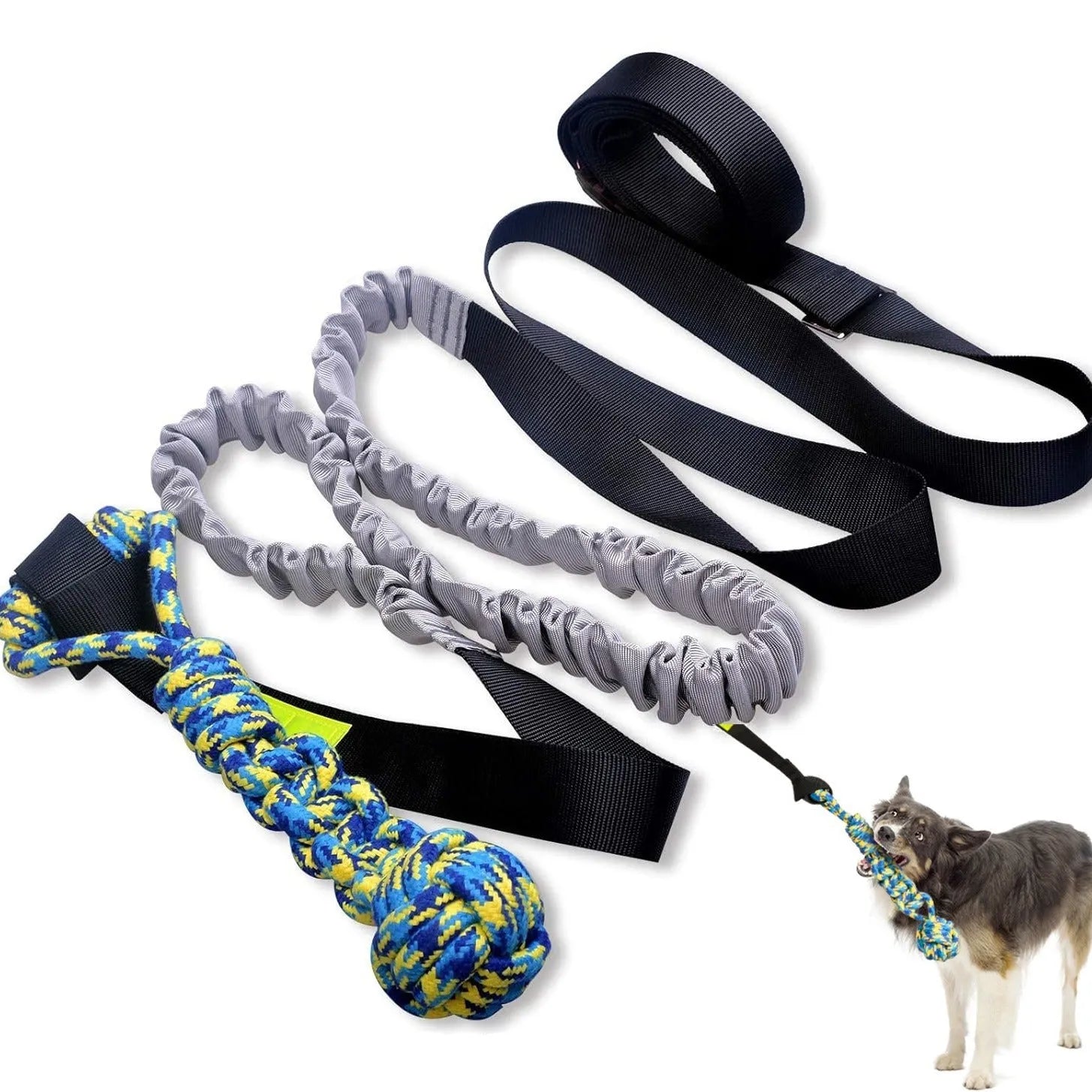 Green cotton dog tug rope toy with a teether ball end on a wooden floor.