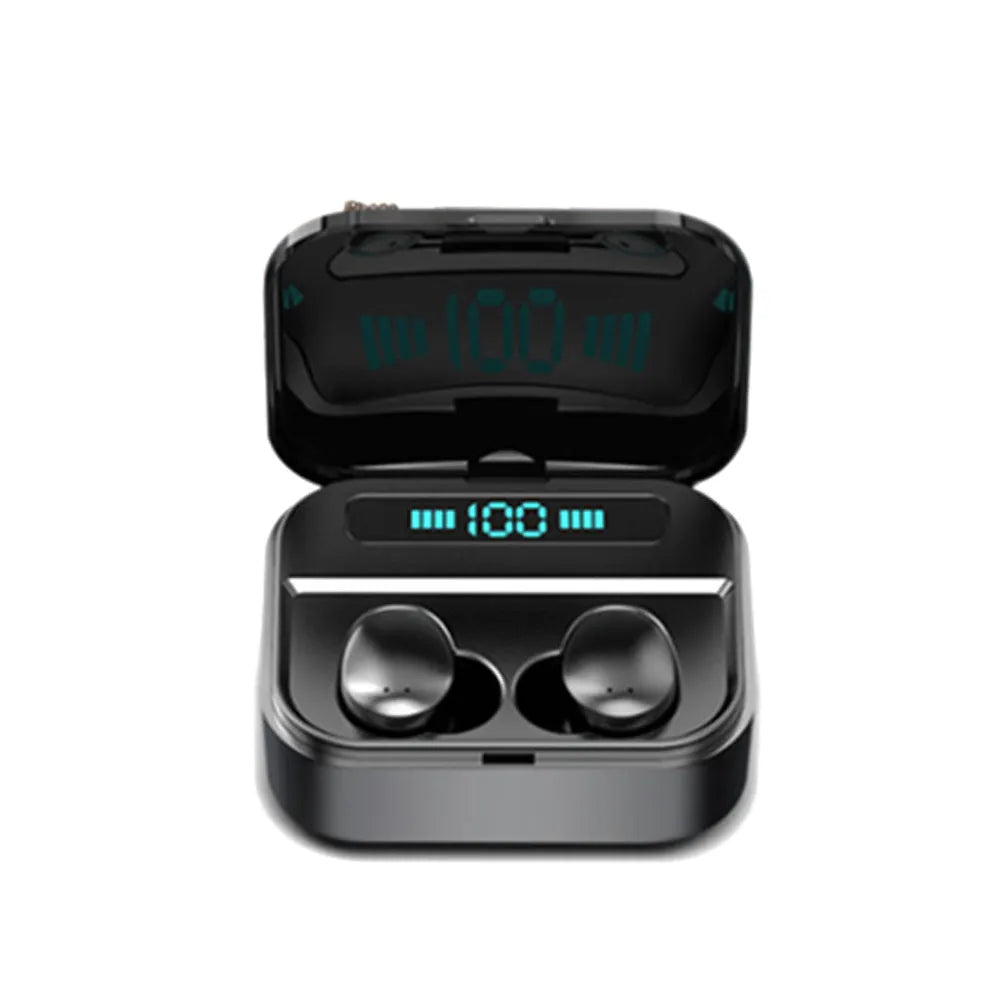 Black and white X7LED Bluetooth sports headphones with charging case showing LED indicators