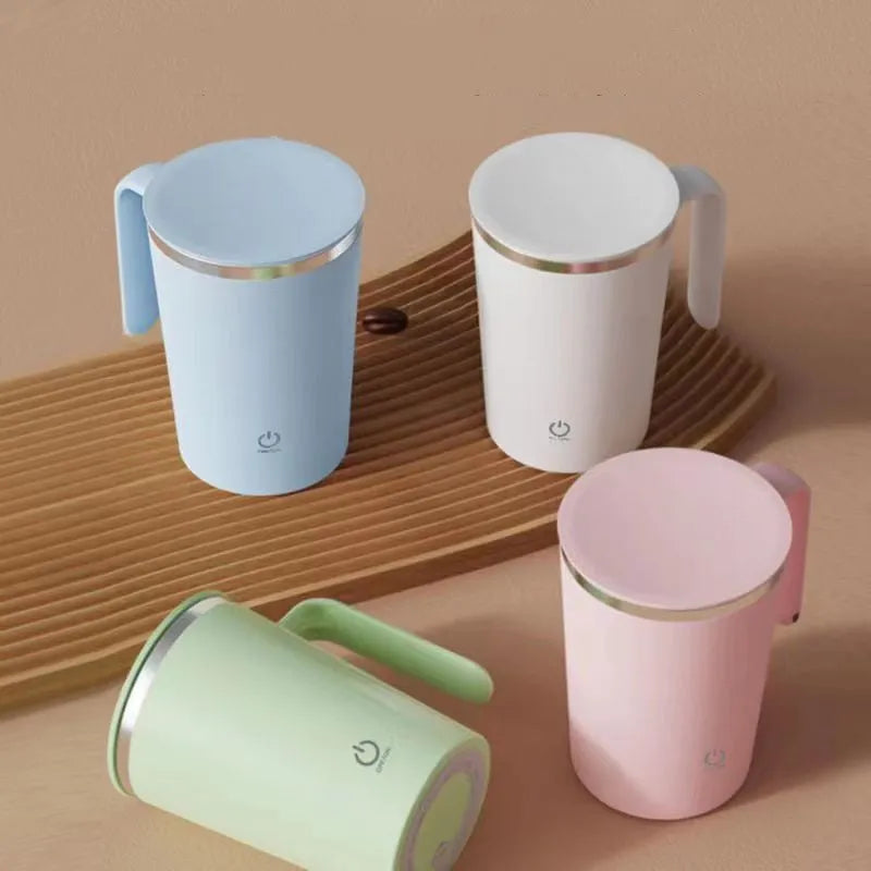 White automatic electric stirring mug with magnetic base and USB charging cable