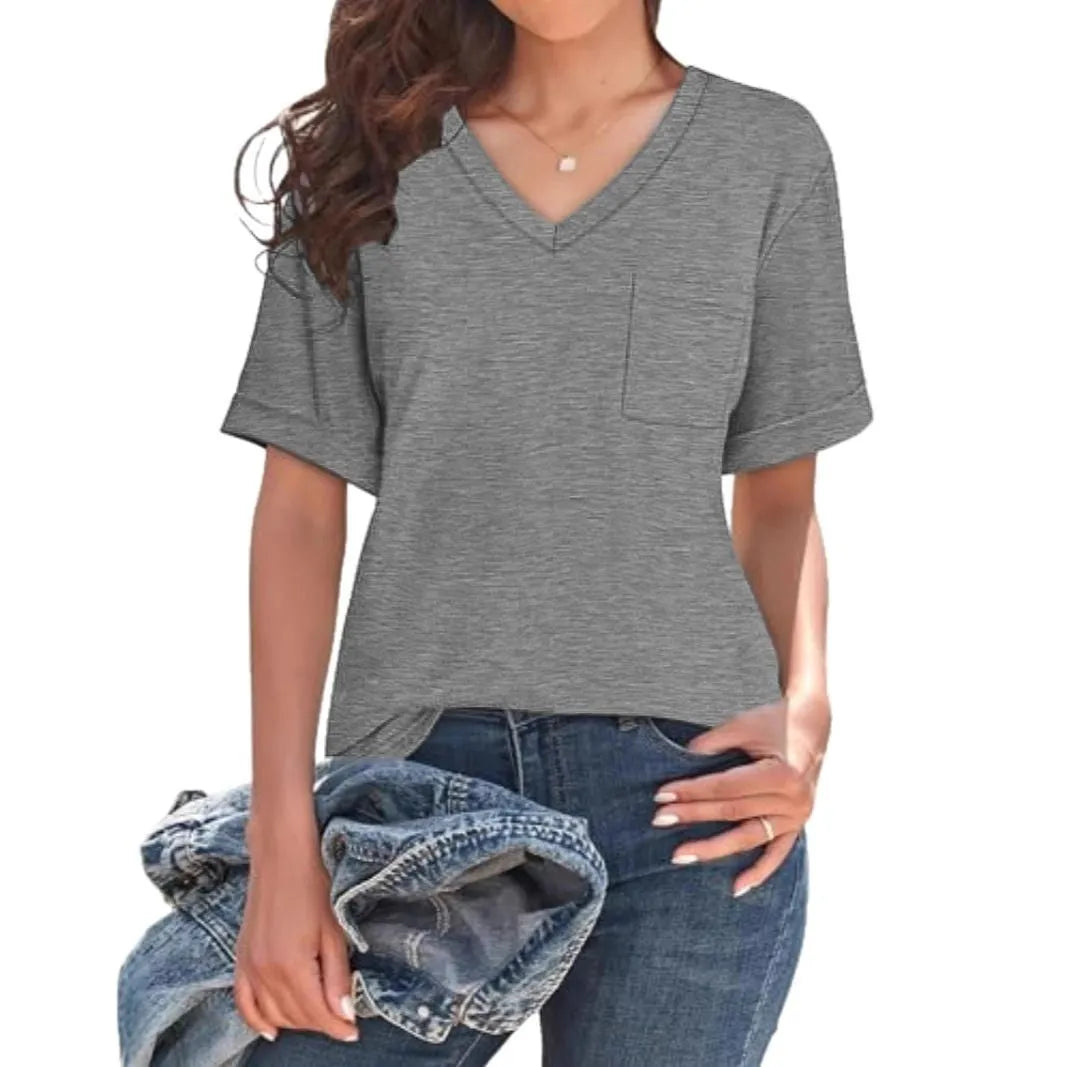 Grey loose fit men's V-neck t-shirt with a chest pocket on the front.