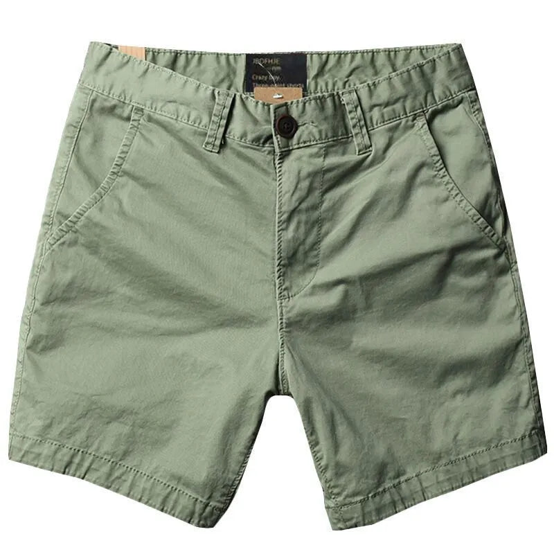 Men's straight-leg cotton casual shorts in camouflage green colour with zipper fly.