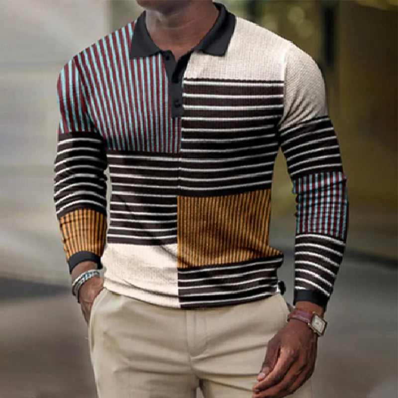 Men's grey long-sleeved casual top with a raised black 3D printed stripe pattern.