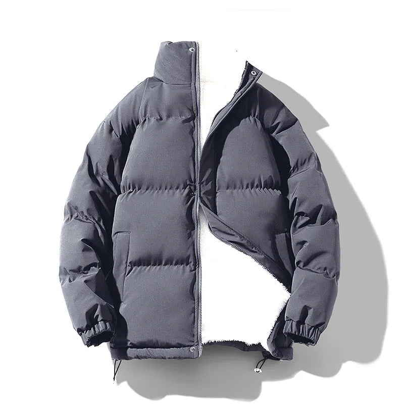 Unisex warm loose stand-collar coat in black, white, gray, blue, or pink, sizes S to 3XL