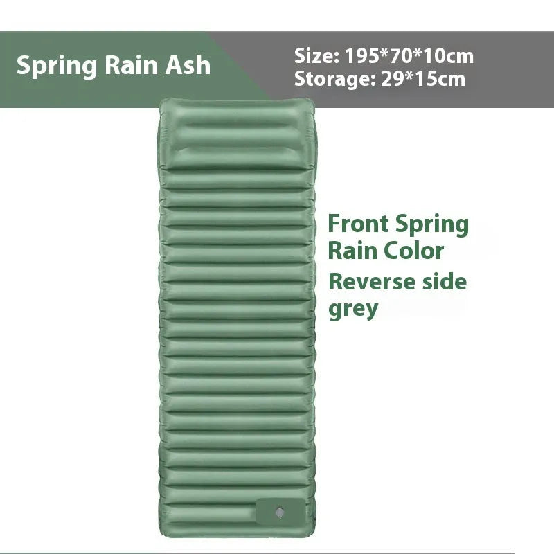 Single inflatable camping mattress in grey, shown expanded to 195cm length