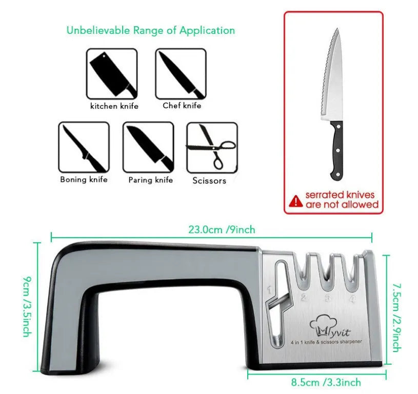 4-in-1 kitchen knife and scissor sharpener with stainless steel construction and multiple colour options