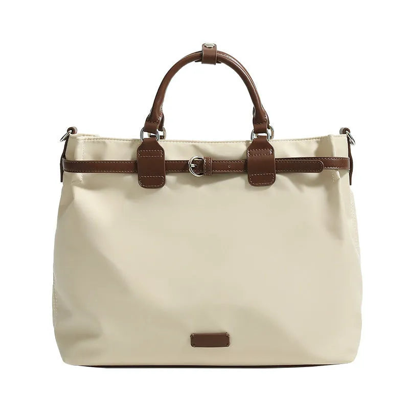 Women's nylon shoulder tote bag in creamy-white colour showing internal compartments and three shoulder straps