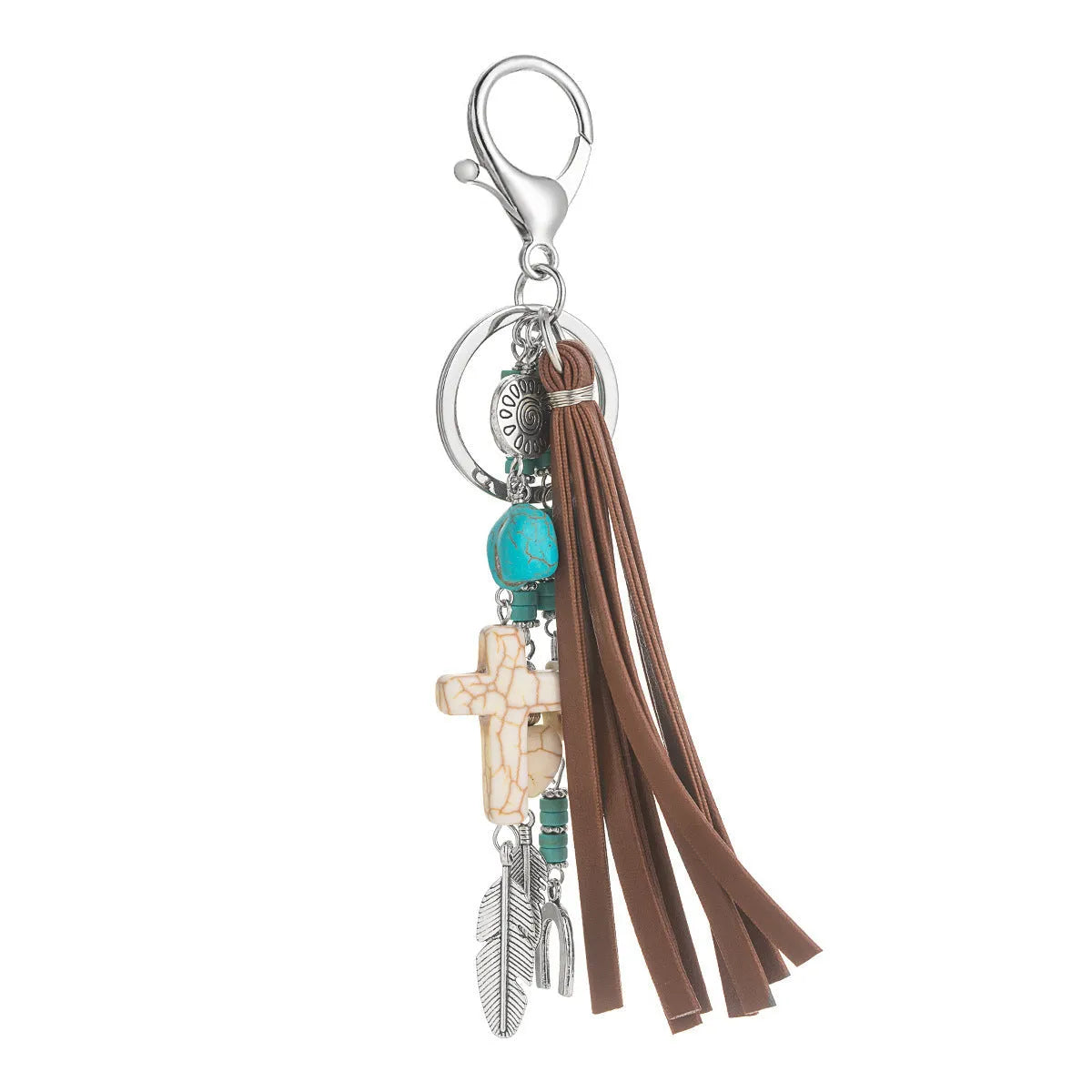 Retro cross alloy keychain pendant with leather rope tassel in colour XY-3669 for suitcase or bag decoration