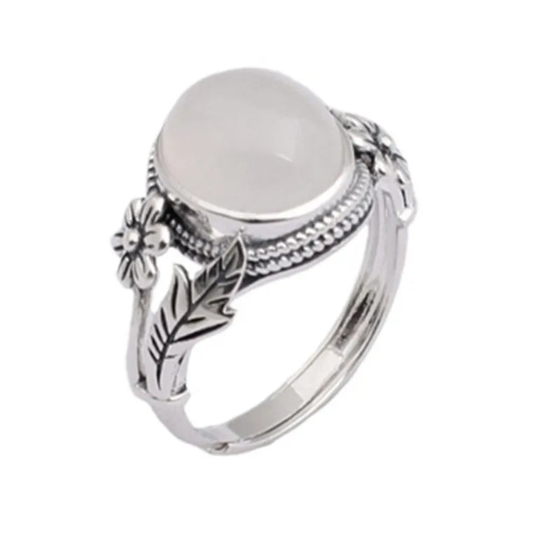 Adjustable copper vintage ring with white chalcedony gemstone and U-shaped band