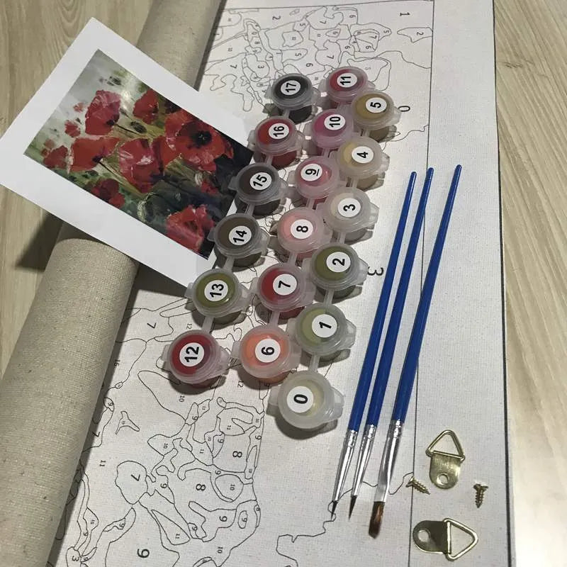 DIY digital painting kit showing 40x50cm canvas with body painting design, three brushes, and hooks