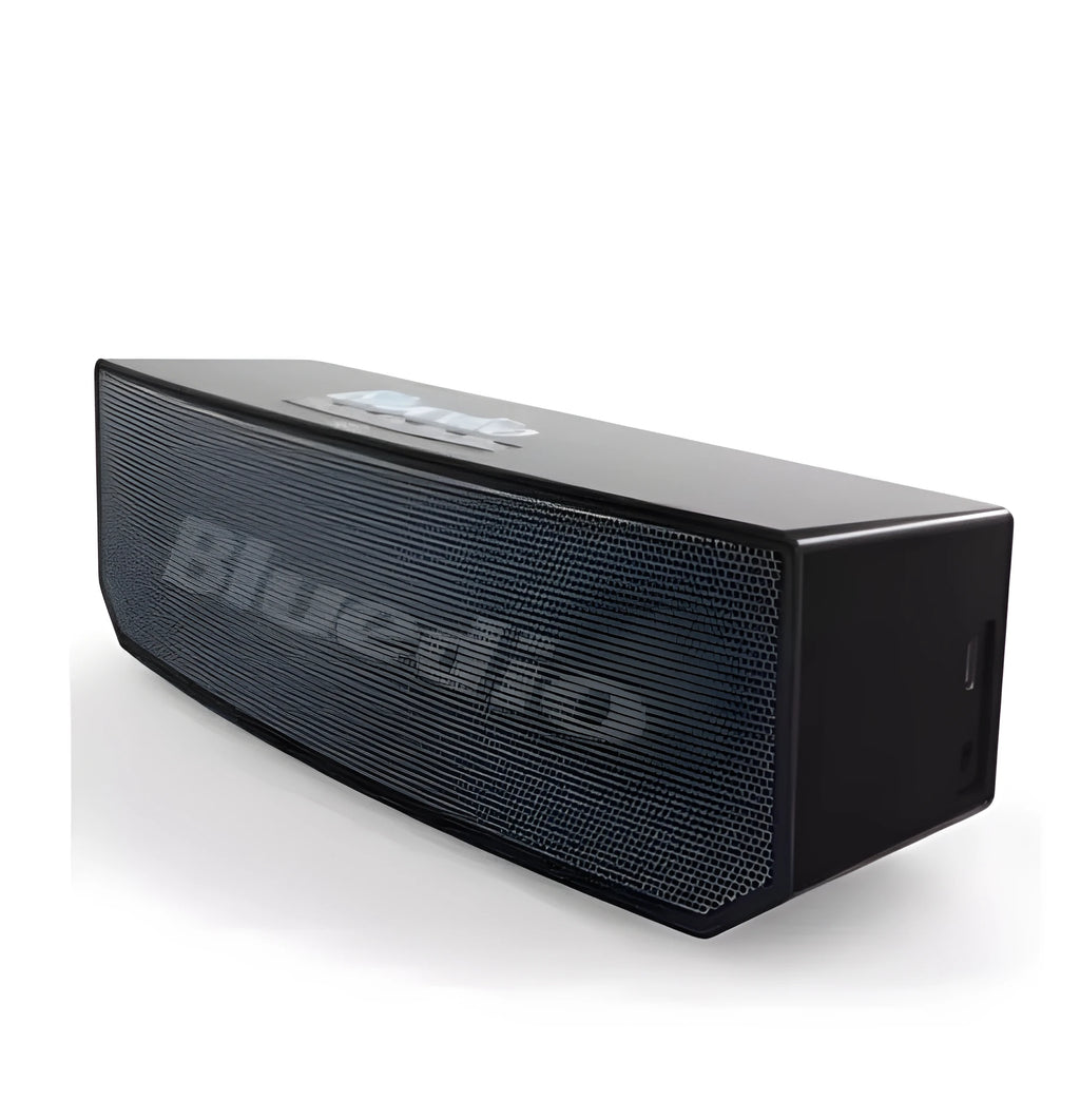 Black BS-6 Cloud Smart Speaker with micro-USB port and compact design.