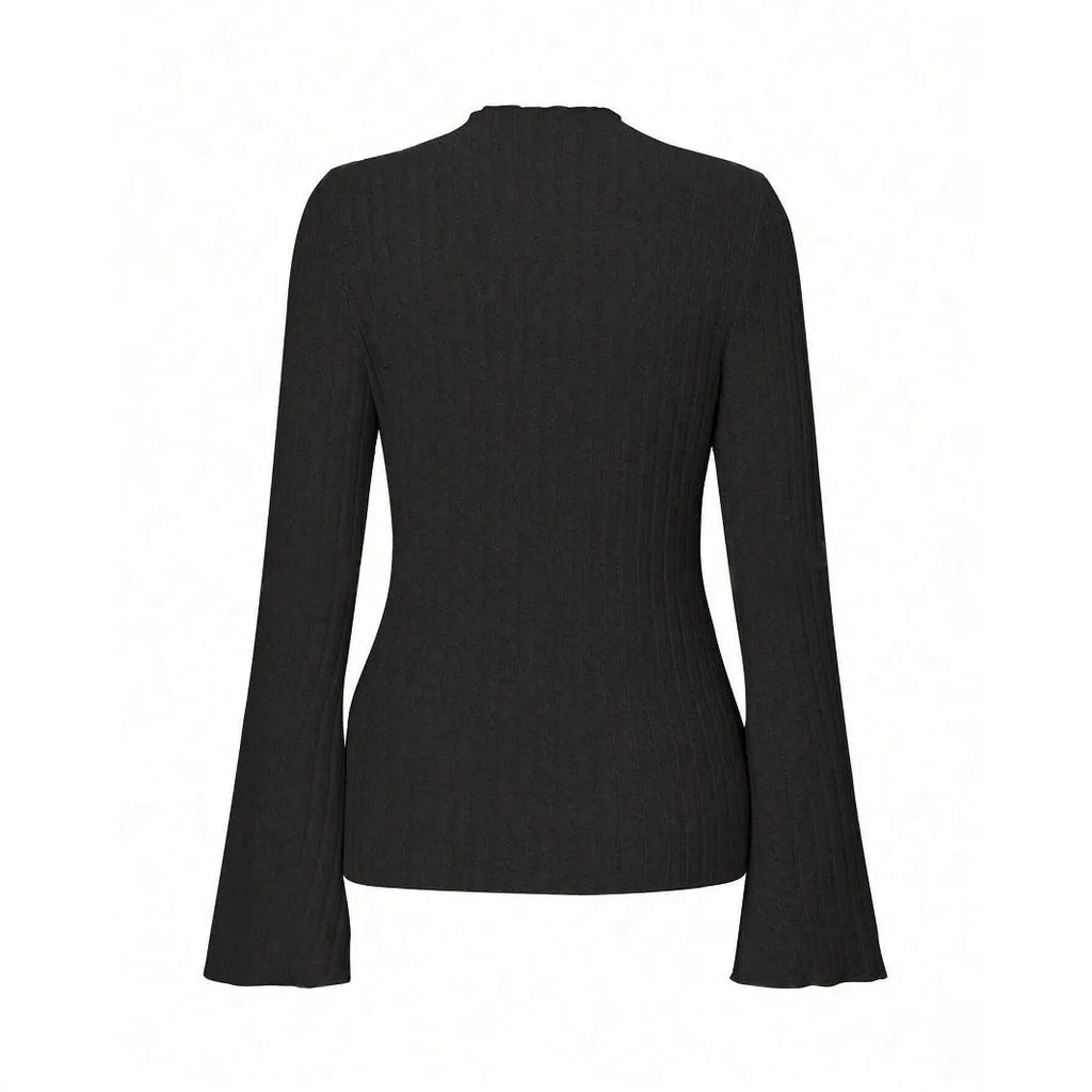 Khaki long sleeve pullover top with a round neck, lantern sleeves, and a brushed sunken stripe texture.