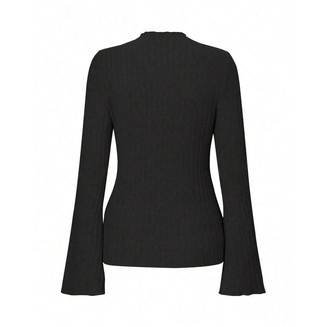 Khaki long sleeve pullover top with a round neck, lantern sleeves, and a brushed sunken stripe texture.