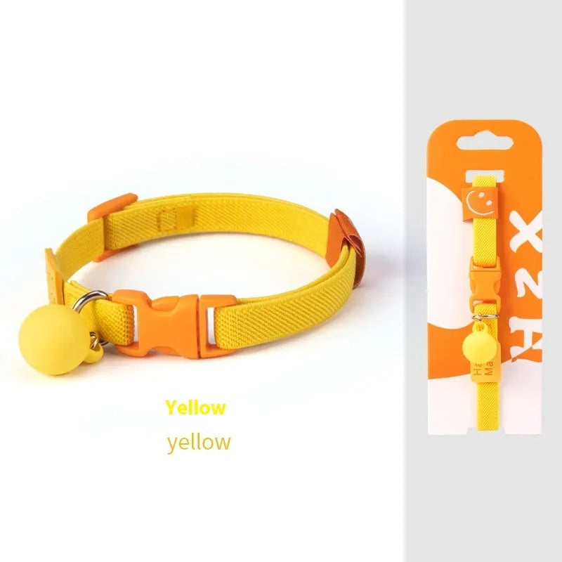 Yellow high elasticity polyester dog collar for small dogs on a white background.