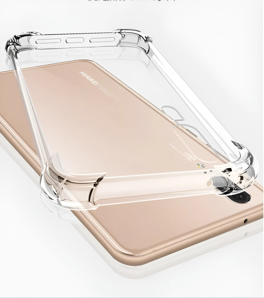 Transparent TPU airbag drop-resistant phone case for Huawei and Honor smartphones on a white background.